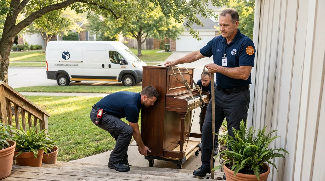 Licensed piano movers securing grand piano in Basye, VA