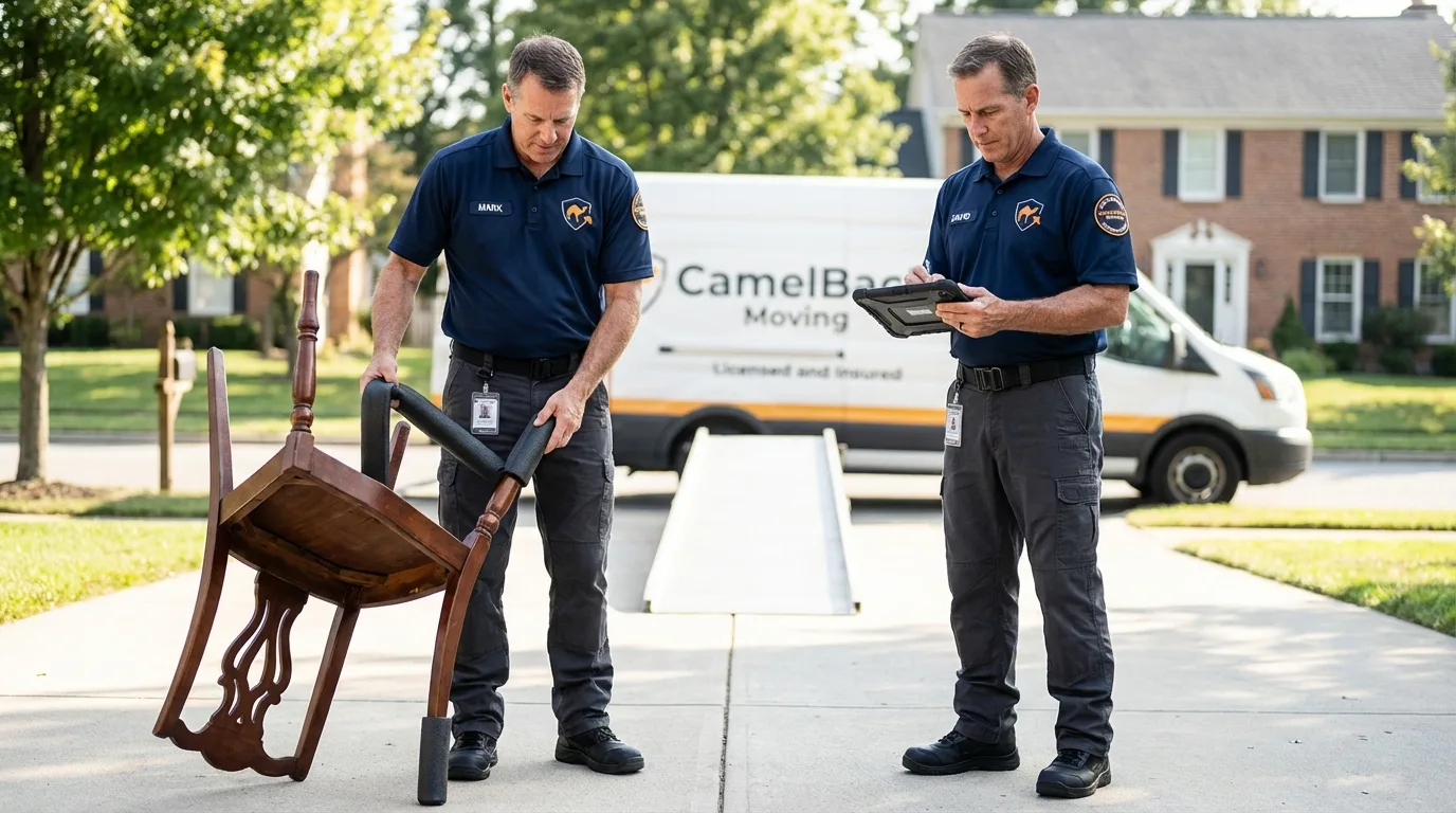 Movers inspecting furniture for damage prevention before loading in Basye, VA