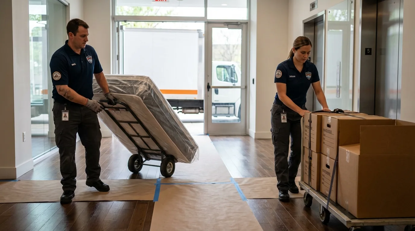 Professional apartment movers loading elevator in Basye, VA